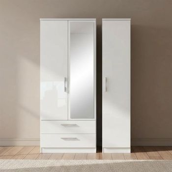 Knightsbridge White Gloss 3 Door 1 Mirror LHF 2 Drawer Combi Tall Wardrobe