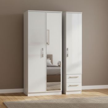 Knightsbridge White Gloss 3 Door 1 Mirror RHF 2 Drawer Combi Wardrobe