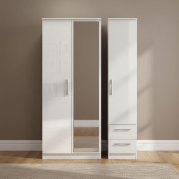Knightsbridge White Gloss 3 Door 1 Mirror RHF 2 Drawer Combi Tall Wardrobe