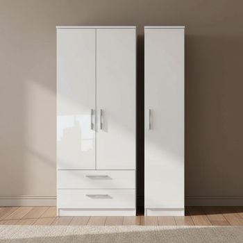 Knightsbridge White Gloss 3 Door LHF 2 Drawer Tall Triple Wardrobe