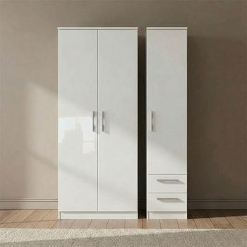 Knightsbridge White Gloss 3 Door RHF 2 Drawer Tall Triple Wardrobe