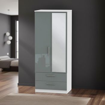 Knightsbridge Grey Gloss and White 2 Door 1 Mirror Combi Tall Wardrobe