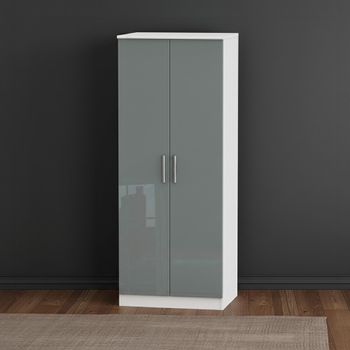 Knightsbridge Grey Gloss and White 2 Door Tall Plain Wardrobe