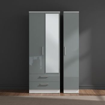 Knightsbridge Grey Gloss and White 3 Door 1 Mirror LHF 2 Drawer Combi Wardrobe