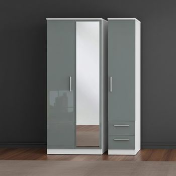 Knightsbridge Grey Gloss and White 3 Door 1 Mirror RHF 2 Drawer Combi Wardrobe