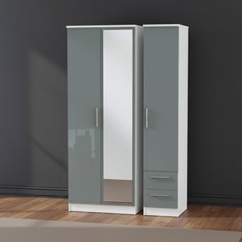 Knightsbridge Grey Gloss and White 3 Door 1 Mirror RHF 2 Drawer Combi Tall Wardrobe