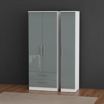Knightsbridge Grey Gloss and White 3 Door LHF 2 Drawer Triple Tall Wardrobe