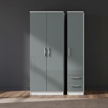 Knightsbridge Grey Gloss and White 3 Door RHF 2 Drawer Triple Tall Wardrobe