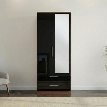 Knightsbridge Black Gloss and Walnut 2 Door 1 Mirror Combi Wardrobe