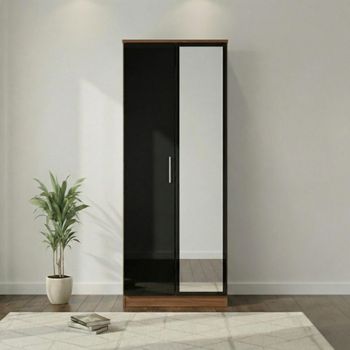 Knightsbridge Black Gloss and Walnut 2 Door 1 Mirror Tall Wardrobe