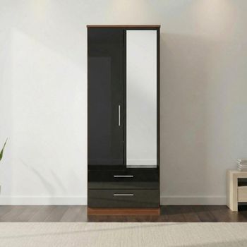 Knightsbridge Black Gloss and Walnut 2 Door 1 Mirror Tall Combi Wardrobe