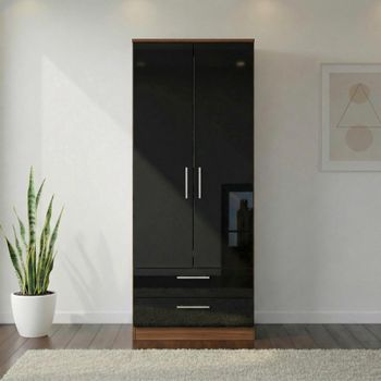 Knightsbridge Black Gloss and Walnut 2 Door 2 Drawer Tall Wardrobe