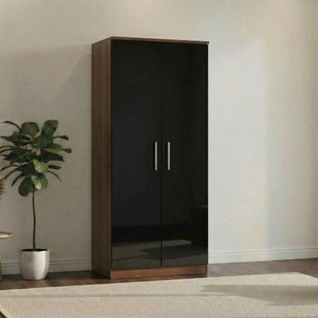 Knightsbridge Black Gloss and Walnut 2 Door Plain Wardrobe