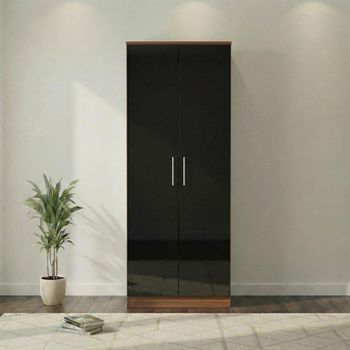 Knightsbridge Black Gloss and Walnut 2 Door Plain Tall Wardrobe