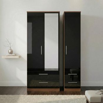 Knightsbridge Black Gloss and Walnut 3 Door 1 Mirror Combi Wardrobe
