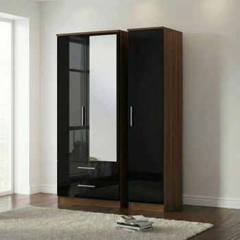 Knightsbridge Black Gloss and Walnut 3 Door 1 Mirror LHF 2 Drawer Combi Wardrobe