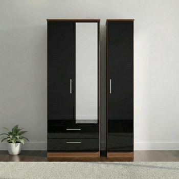 Knightsbridge Black Gloss and Walnut 3 Door 1 Mirror LHF 2 Drawer Tall Combi Wardrobe