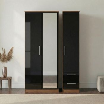 Knightsbridge Black Gloss and Walnut 3 Door 1 Mirror RHF 2 Drawer Combi Wardrobe