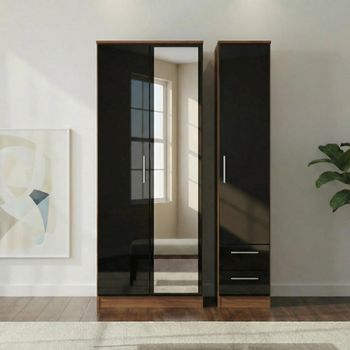 Knightsbridge Black Gloss and Walnut 3 Door 1 Mirror RHF 2 Drawer Combi Tall Wardrobe