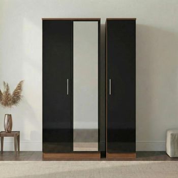 Knightsbridge Black Gloss and Walnut 3 Door 1 Mirror Triple Wardrobe