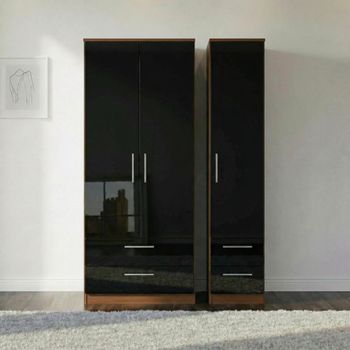 Knightsbridge Black Gloss and Walnut 3 Door 4 Drawer Wardrobe