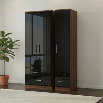 Knightsbridge Black Gloss and Walnut 3 Door 4 Drawer Tall Triple Wardrobe