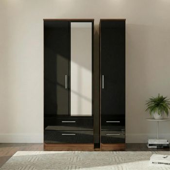 Knightsbridge Black Gloss and Walnut 3 Door 4 Drawer Combi Tall Triple Wardrobe