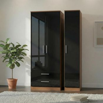 Knightsbridge Black Gloss and Walnut 3 Door LHF 2 Drawer Tall Triple Wardrobe