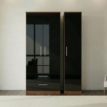 Knightsbridge Black Gloss and Walnut 3 Door LHF 2 Drawer Triple Wardrobe