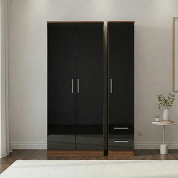 Knightsbridge Black Gloss and Walnut 3 Door RHF 2 Drawer Tall Triple Wardrobe