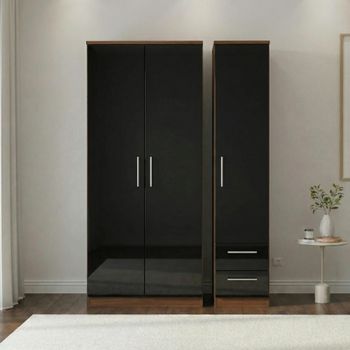 Knightsbridge Black Gloss and Walnut 3 Door RHF 2 Drawer Triple Wardrobe