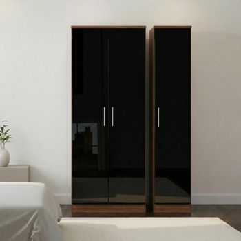 Knightsbridge Black Gloss and Walnut 3 Door Tall Triple Wardrobe