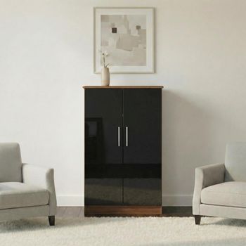 Knightsbridge Black Gloss and Walnut 2 Door Midi Wardrobe