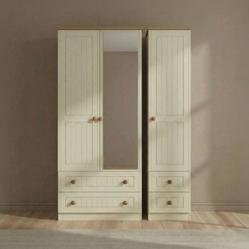 Warwick Cream and Oak 3 Door Combi 1 Mirror Wardrobe
