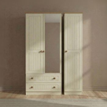 Warwick Cream and Oak 3 Door Combi 1 Mirror LHF 2 Drawer Wardrobe