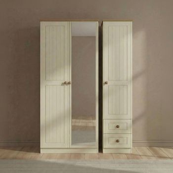 Warwick Cream and Oak 3 Door Combi 1 Mirror RHF 2 Drawer Wardrobe