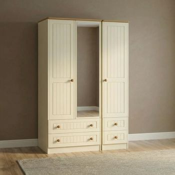 Warwick Cream and Oak 3 Door Combi 1 Mirror Tall Wardrobe