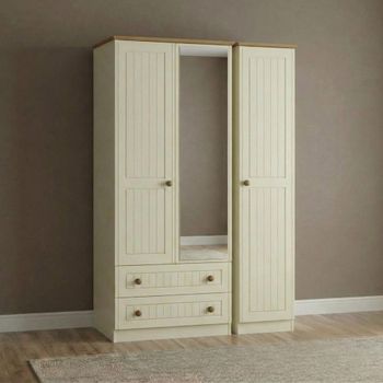 Warwick Cream and Oak 3 Door Combi 1 Mirror LHF 2 Drawer Tall Wardrobe