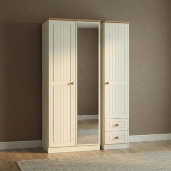 Warwick Cream and Oak 3 Door Combi 1 Mirror RHF 2 Drawer Tall Wardrobe