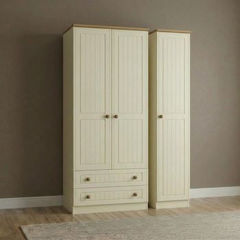 Warwick Cream and Oak 3 Door LHF 2 Drawer Tall Triple Wardrobe