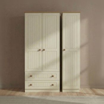 Warwick Cream and Oak 3 Door LHF 2 Drawer Triple Wardrobe