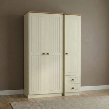 Warwick Cream and Oak 3 Door RHF 2 Drawer Triple Wardrobe