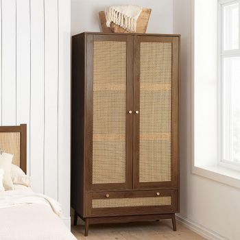 Croxley Walnut and Rattan 2 Door 1 Drawer Wardrobe