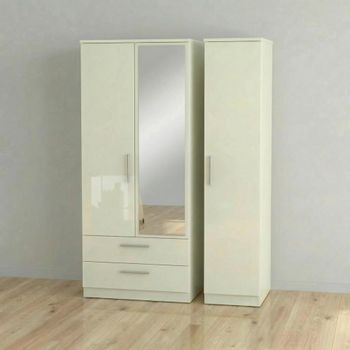 Knightsbridge Cream Gloss 3 Door 1 Mirror LHF 2 Drawer Combi Wardrobe