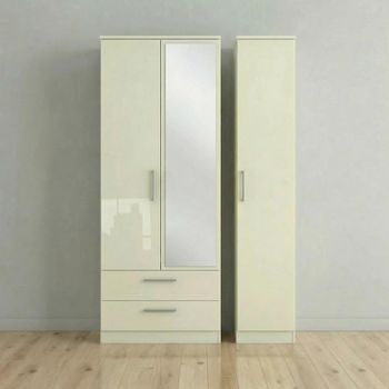 Knightsbridge Cream Gloss 3 Door 1 Mirror LHF 2 Drawer Tall Combi Wardrobe