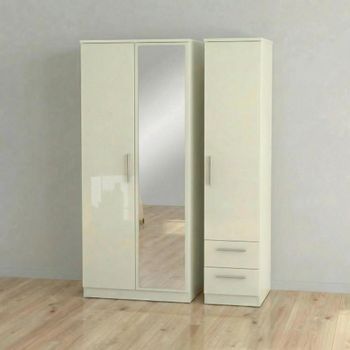 Knightsbridge Cream Gloss 3 Door 1 Mirror RHF 2 Drawer Combi Wardrobe