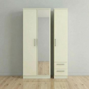 Knightsbridge Cream Gloss 3 Door 1 Mirror RHF 2 Drawer Tall Combi Wardrobe