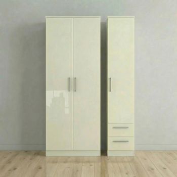 Knightsbridge Cream Gloss 3 Door RHF 2 Drawer Tall Triple Wardrobe