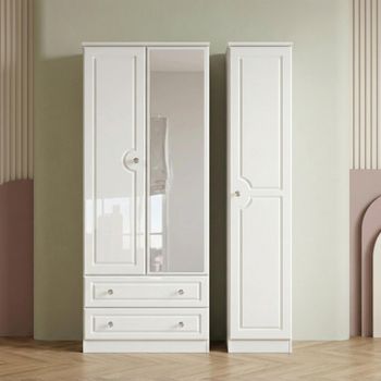 Balmoral White Gloss 3 Door Combi and LHF 2 Drawer Wardrobe with 1 Mirror