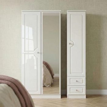 Balmoral White Gloss 3 Door Combi and RHF 2 Drawer Wardrobe with 1 Mirror